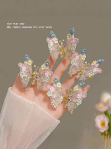 1pc Movable Butterfly Hairclip, Floral Girls Hair Accessories Princess Hair Ornament, Suitable For Daily Use