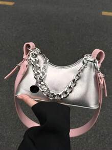 新品 女士高档亮面腋下包链条迷你方形单肩包时尚单肩包简约百搭潮流撞色设计情人节