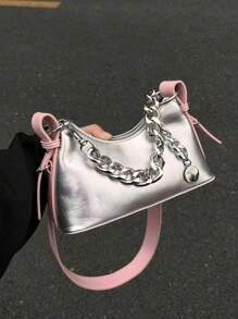新品 女士高档亮面腋下包链条迷你方形单肩包时尚单肩包简约百搭潮流撞色设计情人节