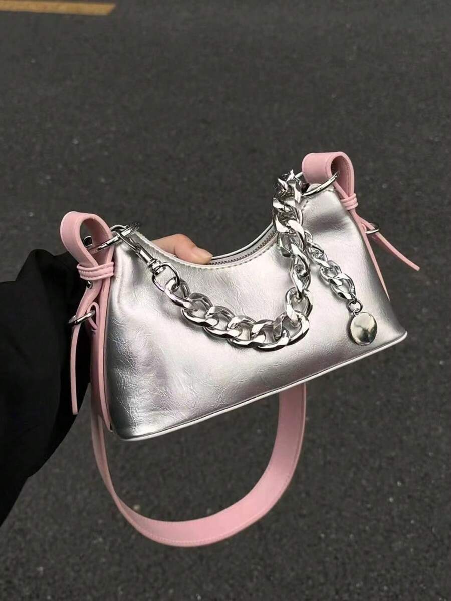 新品 女士高档亮面腋下包链条迷你方形单肩包时尚单肩包简约百搭潮流撞色设计情人节