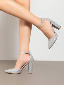 Women Ankle Strap Chunky Heel High Heels Pumps Closed Pointed Toe Fashionable Elegant Wedding Pump Shoes - Bạc - Xem 1