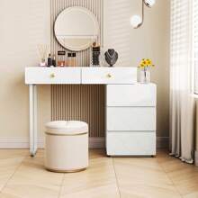 Dressing Table, 5 Drawers, Without Mirror And Stool, Cabinet And Legs Left And Right Interchangeable, 90x 40 X 73.5 Cm, Wave Pattern, Minimalist Style, Chest Of Drawers, White, Package Quantity: 2 - White - View 1