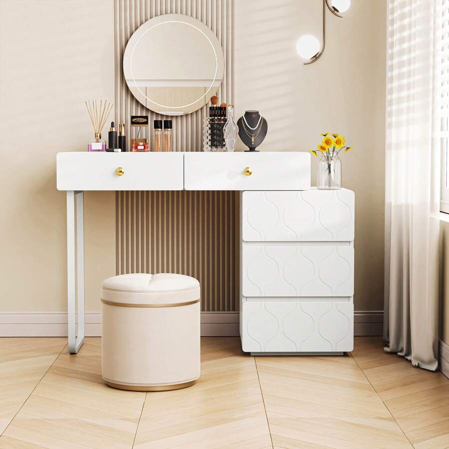 Dressing Table, 5 Drawers, Without Mirror And Stool, Cabinet And Legs Left And Right Interchangeable, 90x 40 X 73.5 Cm, Wave Pattern, Minimalist Style, Chest Of Drawers, White, Package Quantity: 2 - White - View 1