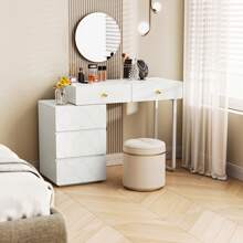 Dressing Table, 5 Drawers, Without Mirror And Stool, Cabinet And Legs Left And Right Interchangeable, 90x 40 X 73.5 Cm, Wave Pattern, Minimalist Style, Chest Of Drawers, White, Package Quantity: 2 - White - View 5
