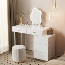 Dressing Table, 5 Drawers, Without Mirror And Stool, Cabinet And Legs Left And Right Interchangeable, 90x 40 X 73.5 Cm, Wave Pattern, Minimalist Style, Chest Of Drawers, White, Package Quantity: 2 - White - View 4