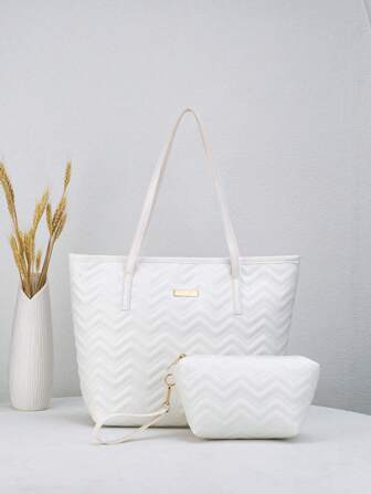 2 件套大容量几何图案手提包，带波浪缝线，复古单肩购物袋和零钱包，适合女士