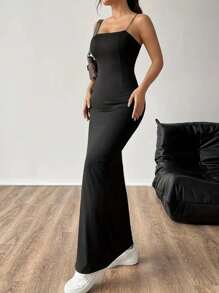 Vestido Longo com Fenda Sensual Bloguera alças Finas Estiloso Fashion - Preto - Visão 5