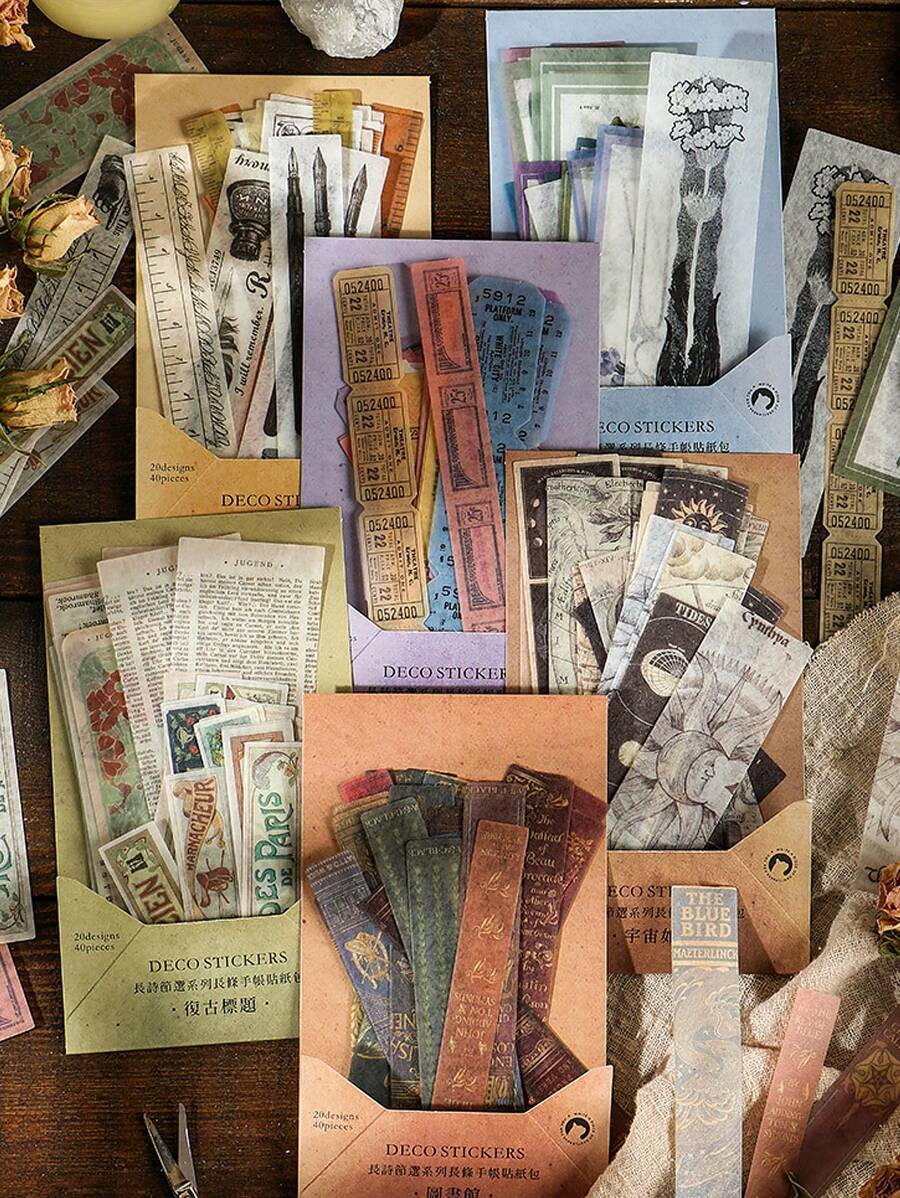 Conjunto de 40 piezas de Pegatinas Washi con poemas antiguos y flores para scrapbooking y decoración de diarios papelería manualidades libro de sticker estikers - Extractos de poemas largos. - Ver 1