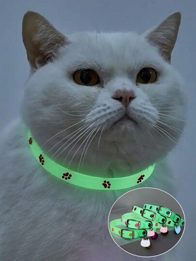 1 peça Colar Luminoso de Silicone Ajustável Durável de Charme de Gato Bonito com Campainha de Pegada para Gato/Chihuahua Caminhando À Noite Fora ou Acampando