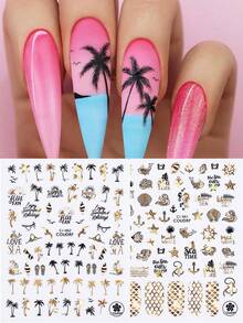 4 hojas Pegatina de uñas con diseño veraniego de árboles de coco y palmeras tropicales en láser negro, dorado y plateado, follaje y playa del océano, calcomanías de arte de uñas de verano - Multicolor - Ver 3