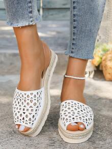 Alpargatas de mujer con punta abierta y suela gruesa de moda, múltiples colores, sandalias ligeras y cómodas con cuerda - Blanco - Ver 4