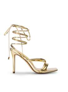 Women Strappy Tie Leg Design Heeled Sandals, Fashionable Square Toe Lace Up Stiletto Heeled Sandals - 金色 - 查看 5