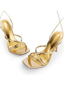 Women Strappy Tie Leg Design Heeled Sandals, Fashionable Square Toe Lace Up Stiletto Heeled Sandals - 金色 - 查看 7