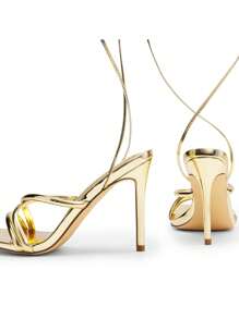 Women Strappy Tie Leg Design Heeled Sandals, Fashionable Square Toe Lace Up Stiletto Heeled Sandals - 金色 - 查看 6