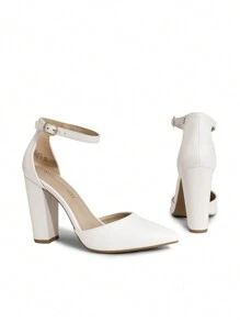 Women Ankle Strap Chunky Heel High Heels Pumps Closed Pointed Toe Fashionable Elegant Wedding Pump Shoes - trắng - Xem 3