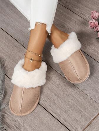 女士舒适防滑耐用仿兔毛拖鞋，配仿麂皮
