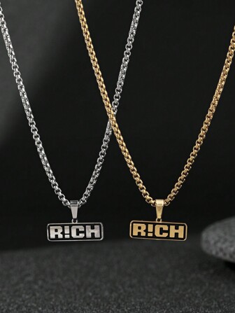 1 件不锈钢时尚简约嘻哈风格男士 R!CH 吊坠项链，适合男士日常佩戴或送礼