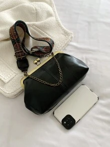 Simple Plain Embroidered Shell Bag Large Capacity Pocket Purse Stylish Chain Iron Clip Slant Span Shoulder Mobile Bag - Black - View 8