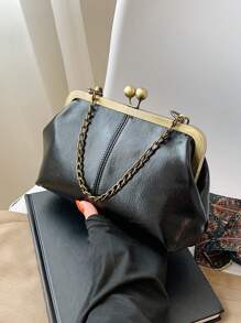 Simple Plain Embroidered Shell Bag Large Capacity Pocket Purse Stylish Chain Iron Clip Slant Span Shoulder Mobile Bag - Black - View 3