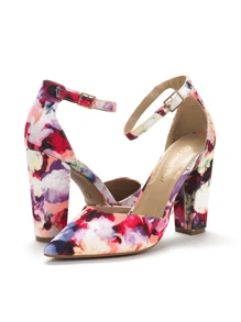 Women Ankle Strap Chunky Heel High Heels Pumps Closed Pointed Toe Fashionable Elegant Wedding Pump Shoes - 彩色 - 查看 3