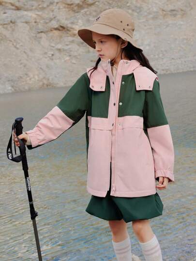 Annil Tween Girl Jackets Autumn And Winter Windbreaker Outdoor Hiking Windproof And Waterproof Hooded Coats