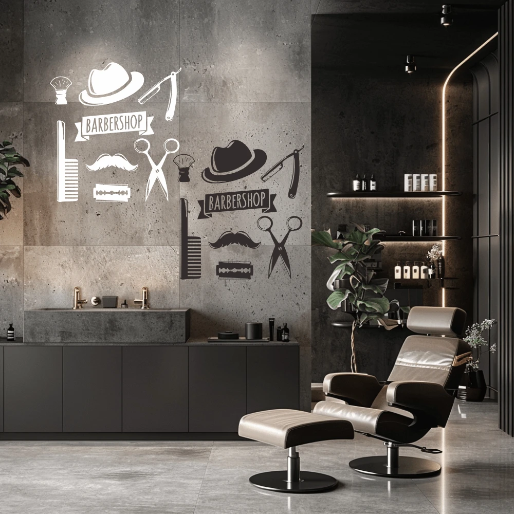 Decoración rústica de barbería: Calcomanías de pared de barbería, pegatinas de pared inspiradas en la naturaleza para salón de belleza, letreros de barbería murales removibles de vinilo para acentos de pared de salón de belleza, estética de barbería retro - Multicolor - Ver 1