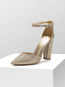 Women Ankle Strap Chunky Heel High Heels Pumps Closed Pointed Toe Fashionable Elegant Wedding Pump Shoes - Vàng - Xem 2