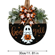 万圣节鬼花环配木制圆板前门装饰南瓜花环万圣节门装饰、家居装饰、房间装饰、墙壁装饰