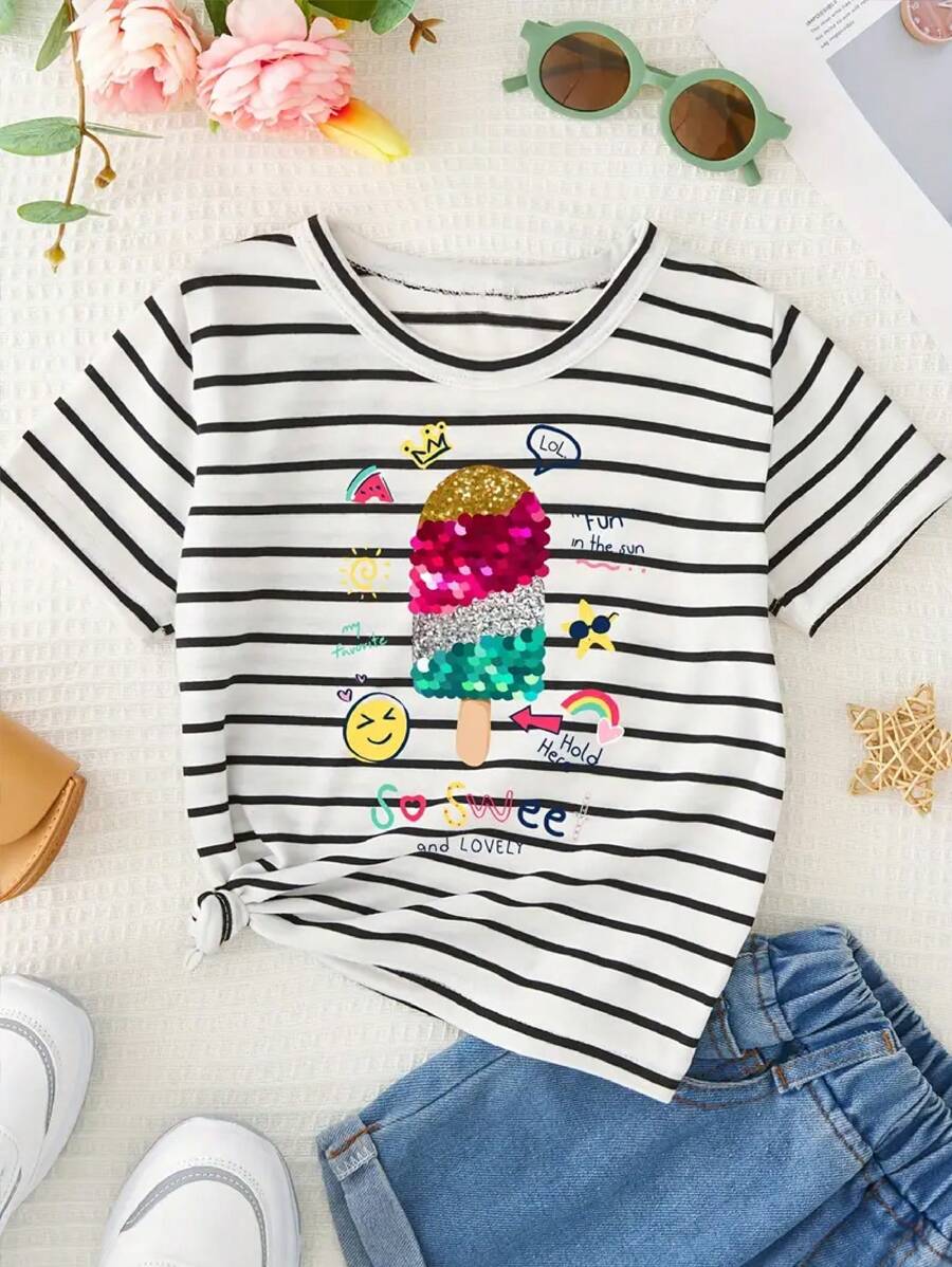 夏季少女条纹短袖 T 恤，圆领