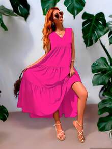 Vestido largo holgado sin mangas playero de moda para mujer - Rosa Roja - Ver 2