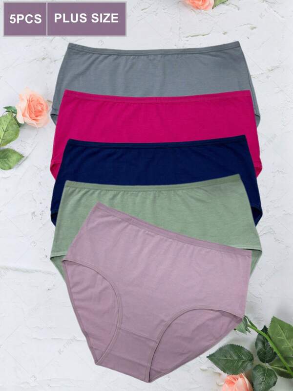 5pcs Simple Solid Color  Plus Size Women's Underwear, All Seasons