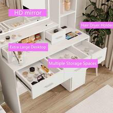 Vanity Desk Set With Large LED Lighted Mirror & Power Outlet, Makeup Vanity With 5 Drawers And Cabinet, 3 Color Modes & Adjustable, Stylish Bedroom Makeup Table Set, Modern White - 白色 - 查看 3