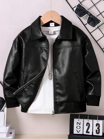 Young Boy's Casual Loose Collar Zip-Up Leather Jacket, Spring Autumn