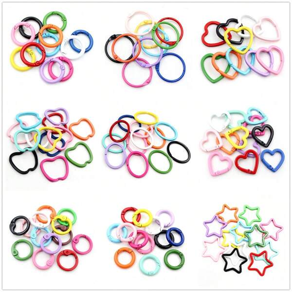 10 pièces d'anneaux de jonction colorés et mélangés au hasard pour la fabrication de porte-clés DIY. Formes rondes, ovales, en cœur et en étoile. Accessoires de fabrication de bijoux.