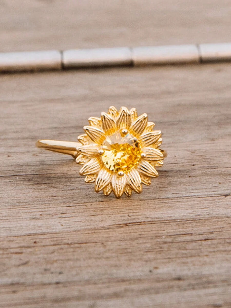 1 anillo de girasol con decoración de circonia cúbica deslumbrante y a la moda, joya de compromiso de promesa eterna, regalo clásico de aniversario de cumpleaños - Dorado - Ver 1