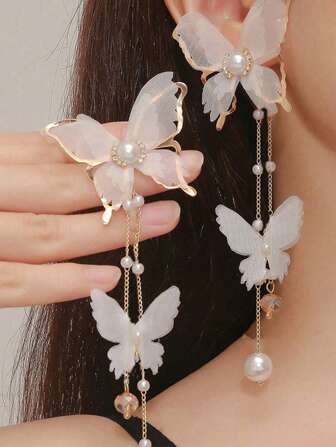 1 Pair Of Super Fairy White Butterfly Tassel Earrings, Suitable For Daily Wear