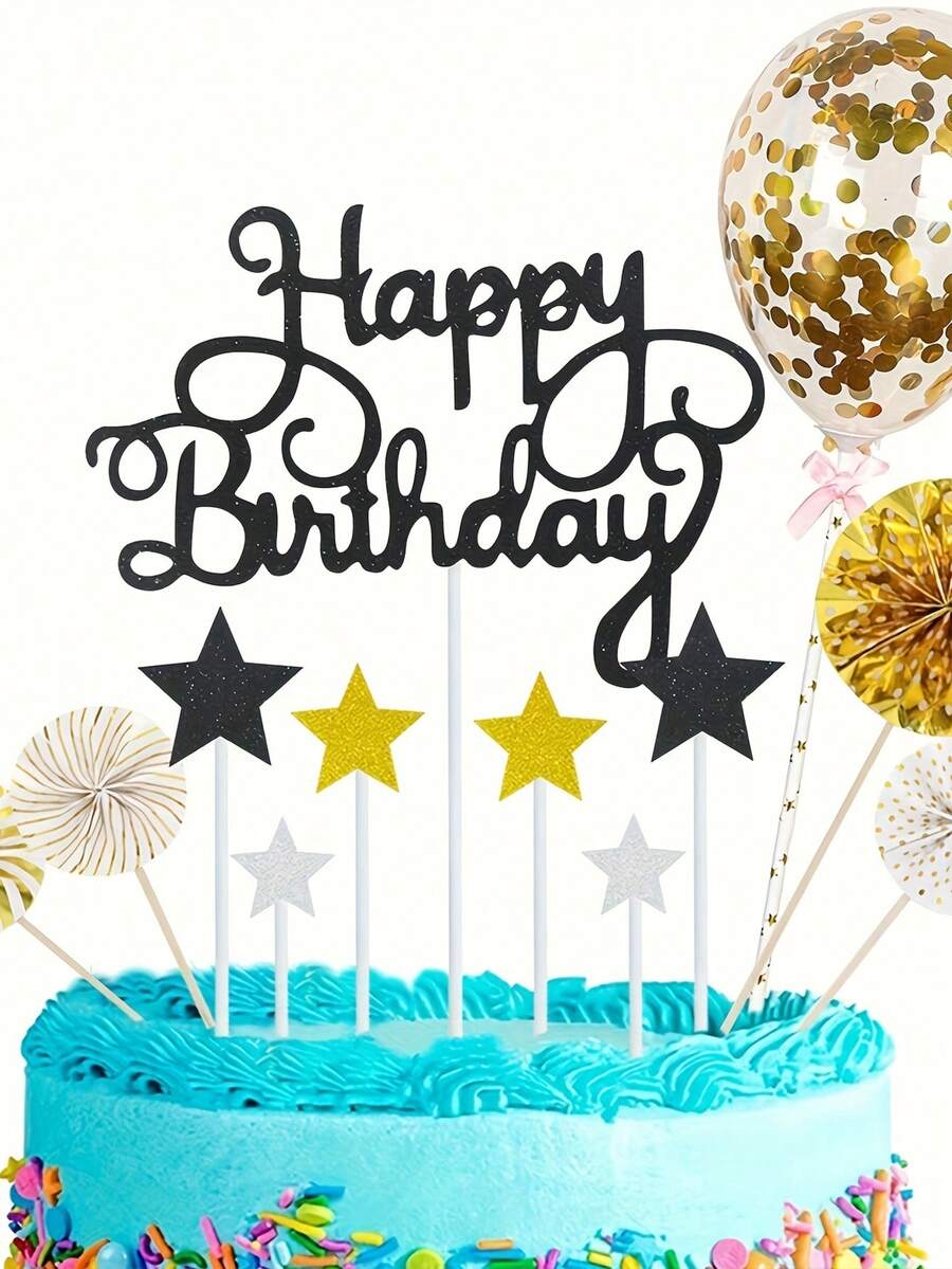 10 件闪亮生日快乐蛋糕装饰 - 生日派对和婚礼甜点的闪亮甜点装饰，双面蛋糕装饰旗，生日甜点装饰 - 彩色 - 查看 1