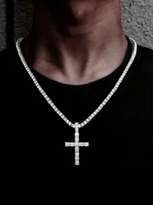 2PCS Necklace Paired With Vintage Cross Pendant Necklace Made Of Rhinestone Material Fashionable Vintage Set Birthday Gift For Men