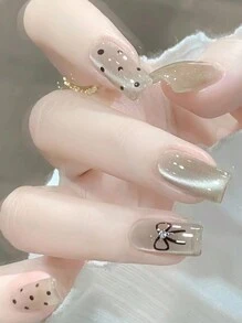 24入組短棺材形狀冰晶貓眼可穿戴假指甲，豹紋結髮帶設計修指套裝組合，適用於女士和女孩 - 彩色 - 查看 1