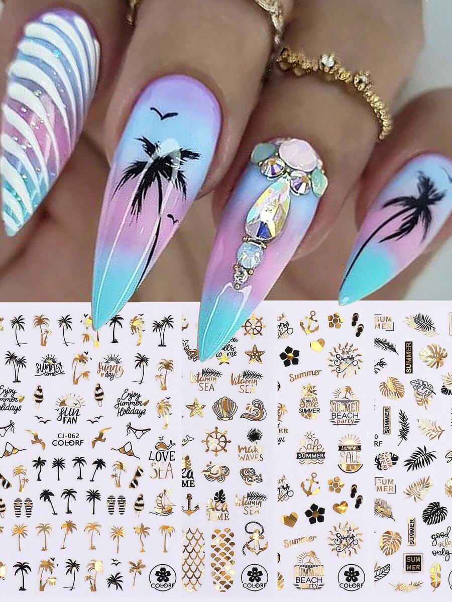 4 hojas Pegatina de uñas con diseño veraniego de árboles de coco y palmeras tropicales en láser negro, dorado y plateado, follaje y playa del océano, calcomanías de arte de uñas de verano - Multicolor - Ver 1
