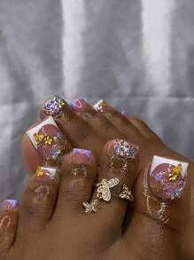 Minimalism Cute 24Pcs Handmade 3D Colorful Butterfly Gold Flower Sparkling Diamond Full Cover French Style Fashionable Luxury Nails For Any Occasion Press On Nails