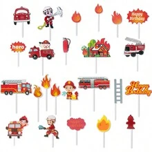 1 set Decoración de pastel de camión de bomberos con figura de bombero y camión de bomberos para fiesta de cumpleaños - Multicolor - Ver 4