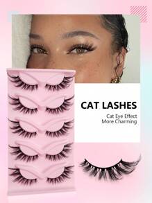 Asiteo 5 Pairs Cat Eye Lashes 3D Faux Mink Eyelashes  Winged End Eye Elongated Eyelashes Manga Fake Lashes Soft Natural Long Full Strip Lashes - 眼尾拉長款 - 查看 3