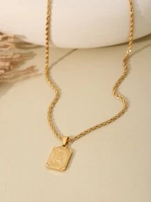 1pc Men Initial Letter Square Pendant Necklace Stainless Steel Golden Rope Chain A-Z Lettert Jewelry
