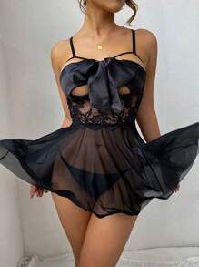 Las mujeres de encaje sexy lencería erótica de una sola pieza camisón sin espalda sexy ver a través de la ropa de dormir - Negro - Ver 3