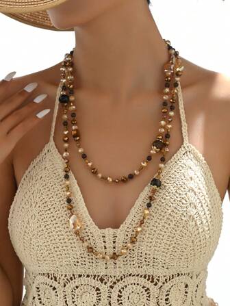 1 件复古时尚珍珠长项链，混色 - 双层 - 派对佩戴 - 适合情人节 - 全年风格、妈妈、母亲、母亲节、礼物