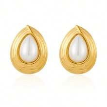 1pair Tiger's Eye Stone Vintage Style Stainless Steel Stud Earrings, With Pearl Inlay For Party And Celebration - Multicolor - View 11