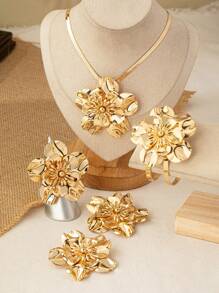 5pcs/Set Fashionable, Exquisite & Elegant Metal Flower Pendant Necklace, Earrings, Ring & Bangle Set Suitable For Women To Wear On Evening Parties, Gatherings, Holidays, And To Give As Gifts For Festivals Valentines,Mom,Mother,Mother's Day,Gift - Yellow Gold - View 7