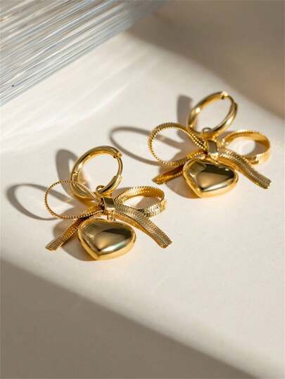 Uworld 1 Pair Of 18K Gold-Plated Stainless Steel Anti-Allergy Hand-Woven Flat Snake Bone Chain Bow Solid Heart Dangling Earrings Women's Ear Decorative Jewellery Valentines,Mom,Mother,Mother's Day,Gift