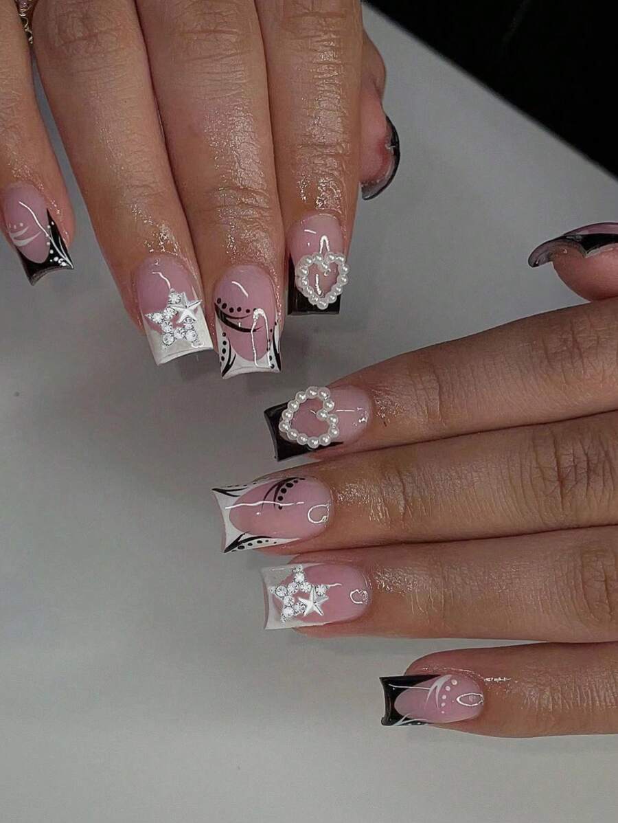 Actualiza tu estilo con 24piezas uñas postizas adornadas con perlas y ...